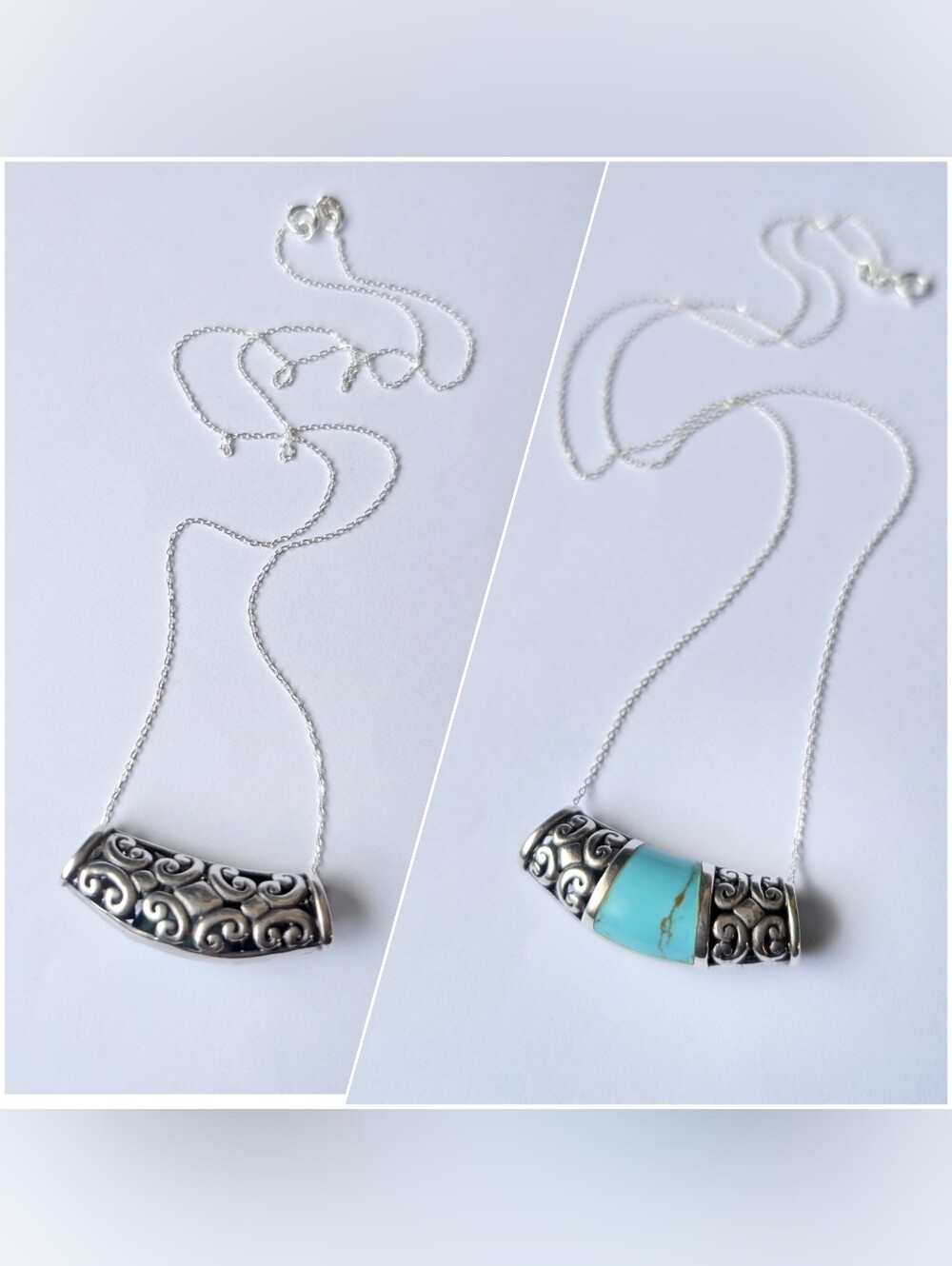 Sterling silver necklace Reversible Turquoise Inlay Swirl Scroll Cutout Bar 925